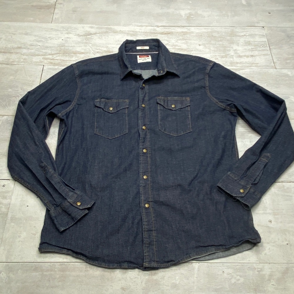 Wrangler Denim Shirt Mens XL Indigo Blue Western Long Sleeve Workwear JLD4UWF